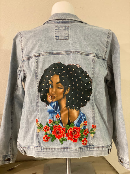 (New) Melanin Afro Girl - Custom  “Reworked”  Denim Jacket Plus Size 2X