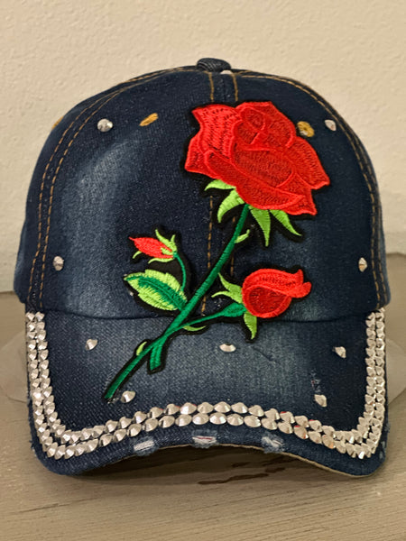 (New) Red Rose Denim Hat