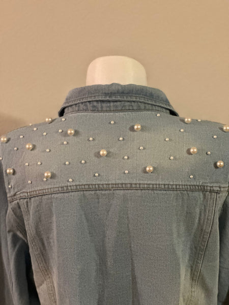 (New) Exclusive Pearl Detail Denim Jacket Plus Size 3X