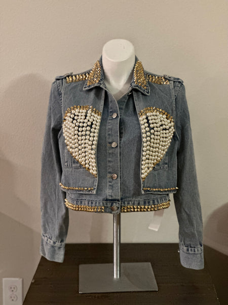 (New)  - Heart of Pearls Denim Jacket Ladies Size Large