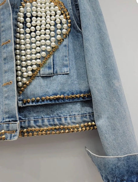 (New)  - Heart of Pearls Denim Jacket Ladies Size Large