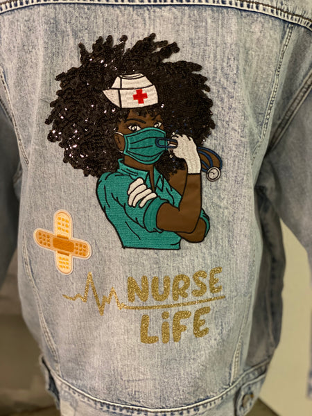 (New) Nurse Life  - Custom “Reworked” Denim Jacket Juniors Size Large