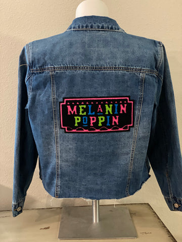 (New) Melanin Poppin’ - Custom  “Reworked”  Denim Jacket Ladies Size Large