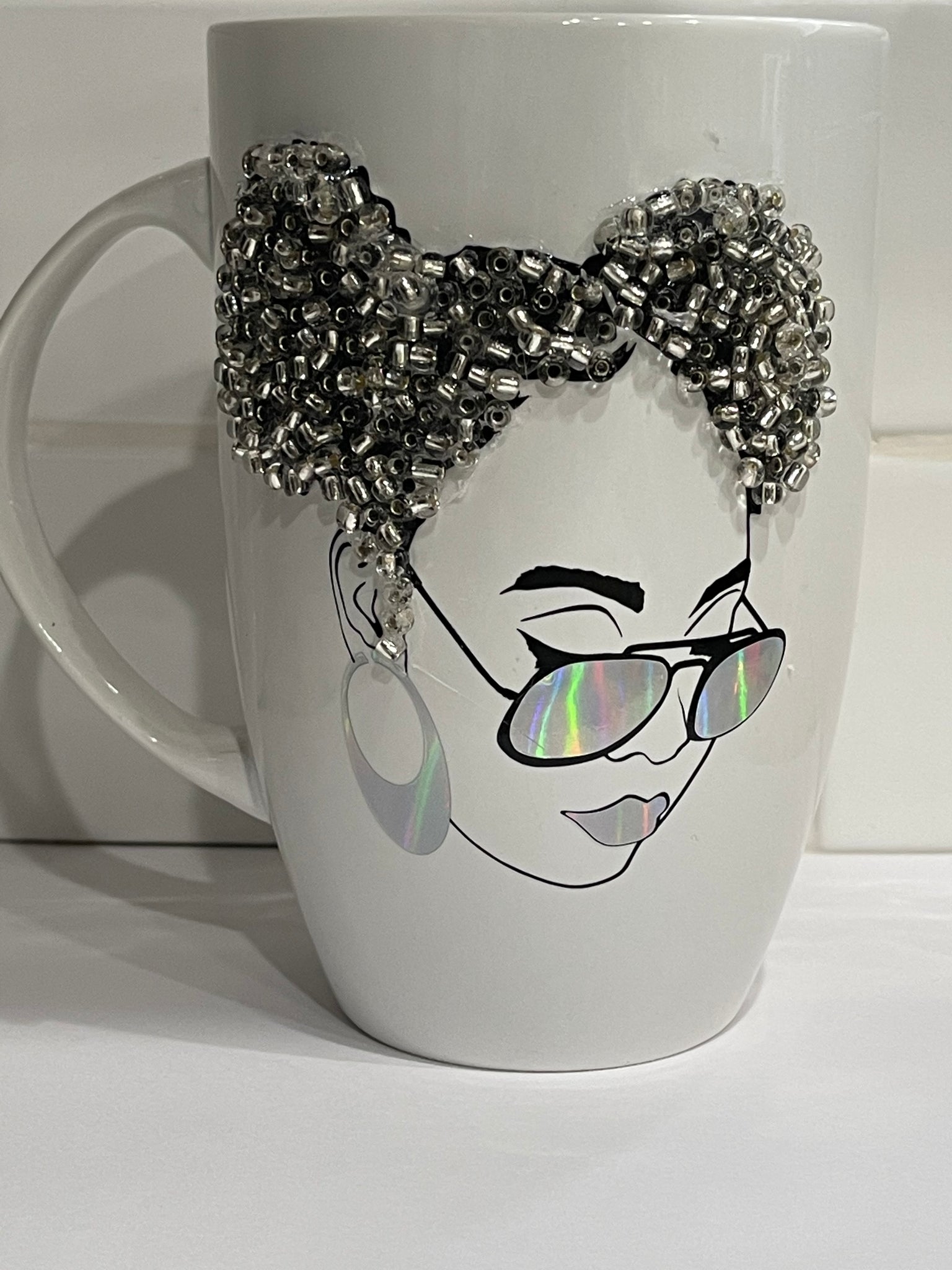 (New) Silver Afro Puff Queen - Large Bling Coffee Mug