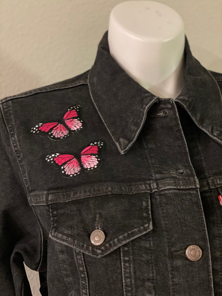 (New) Lady Butterfly - Custom “Reworked”  Fringe Denim Jacket Plus Size 1X