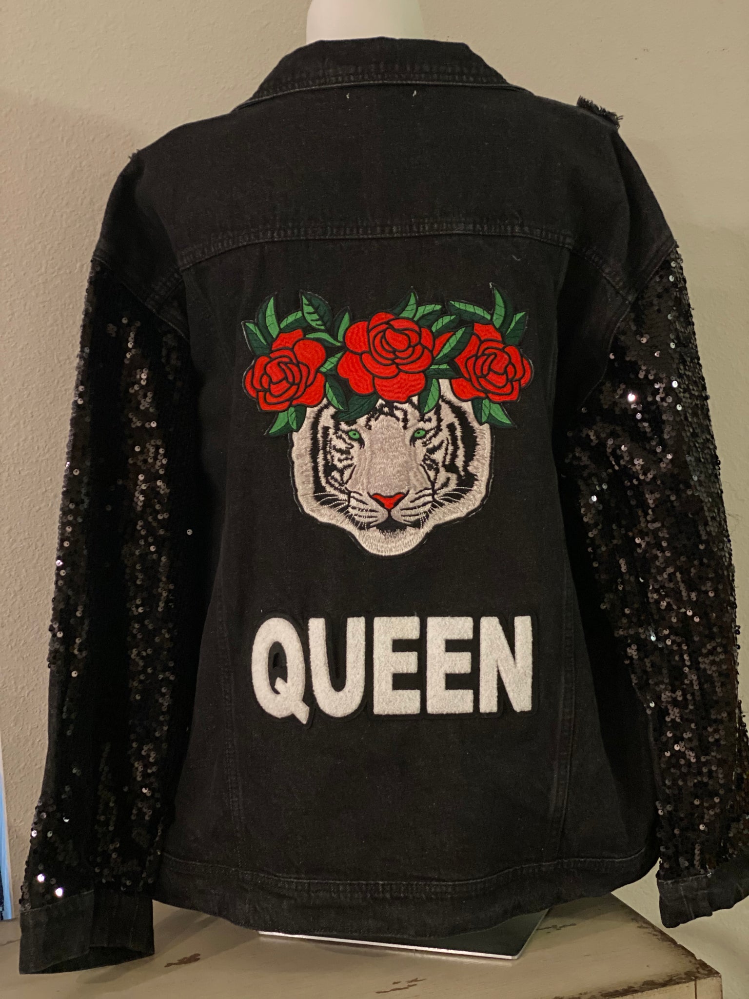 (New) Rose Bling Queen - Custom “Reworked” Denim Jacket Plus Size 2X