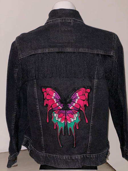 (New) Lady Butterfly - Custom “Reworked”  Fringe Denim Jacket Plus Size 1X