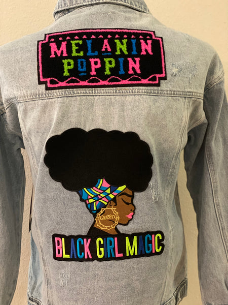 (New) Melanin Poppin - Custom “Reworked” Denim Jacket Juniors Size Medium