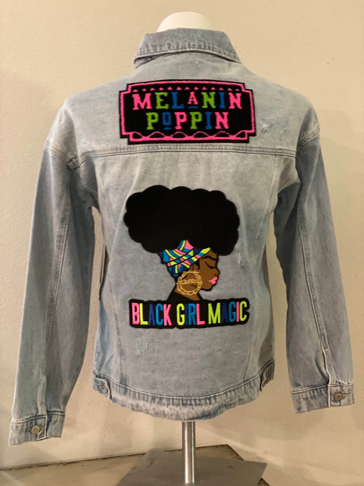 (New) Melanin Poppin - Custom “Reworked” Denim Jacket Juniors Size Medium